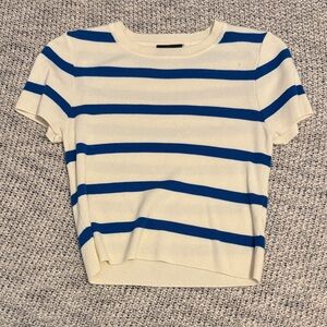 Miou Muse Cream & Blue Striped Knit Short Sleeve Sweater Top | Size Medium